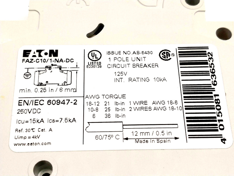 Eaton FAZ-C10/1-NA-DC Miniature Circuit Breaker 1P 10A - Maverick Industrial Sales