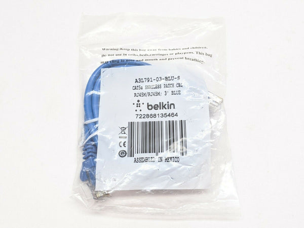 Belkin A3L791-03-BLU-S CAT5e Snagless Patch Cable 3' Foot RJ45m to RJ45M BLUE - Maverick Industrial Sales