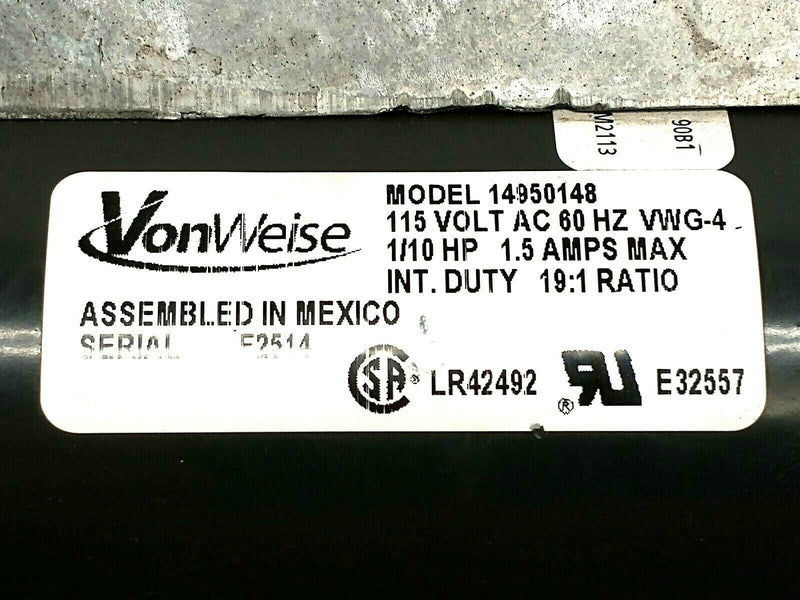 VonWeise 14950148 Motor 115V AC 1/10HP 1.5A 19:1 Ratio VWG-4 - Maverick Industrial Sales