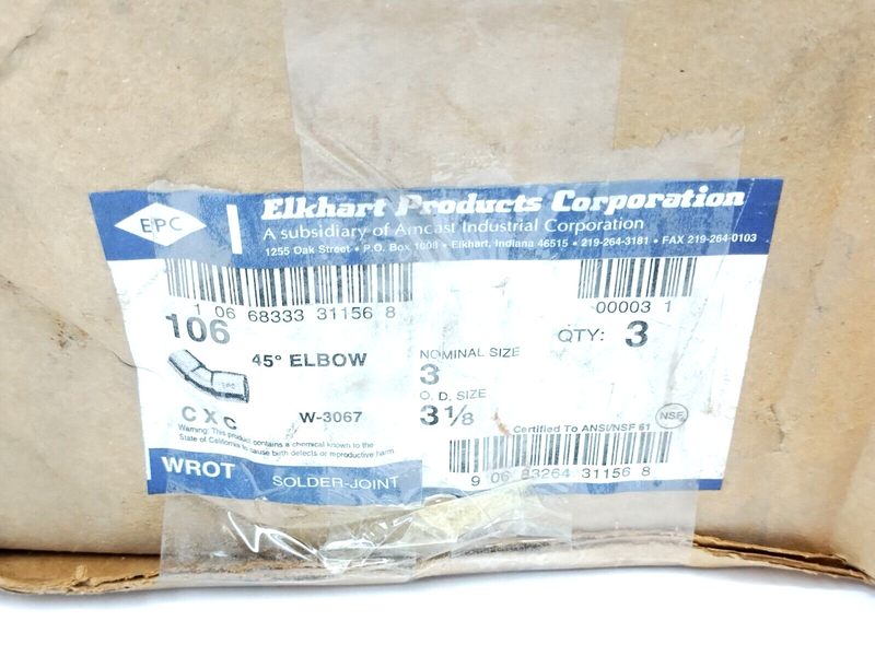 Elkhart Products 10031156 3" 45 Deg. Copper Elbow 106 Solder W-3067 BOX OF 3 - Maverick Industrial Sales