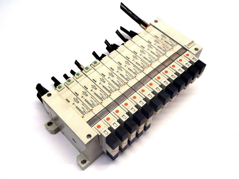 SMC Pneumatic Valve Assembly w/ 5) VQ2200N-5 & 7) VQ2100N-5 Solenoids - Maverick Industrial Sales