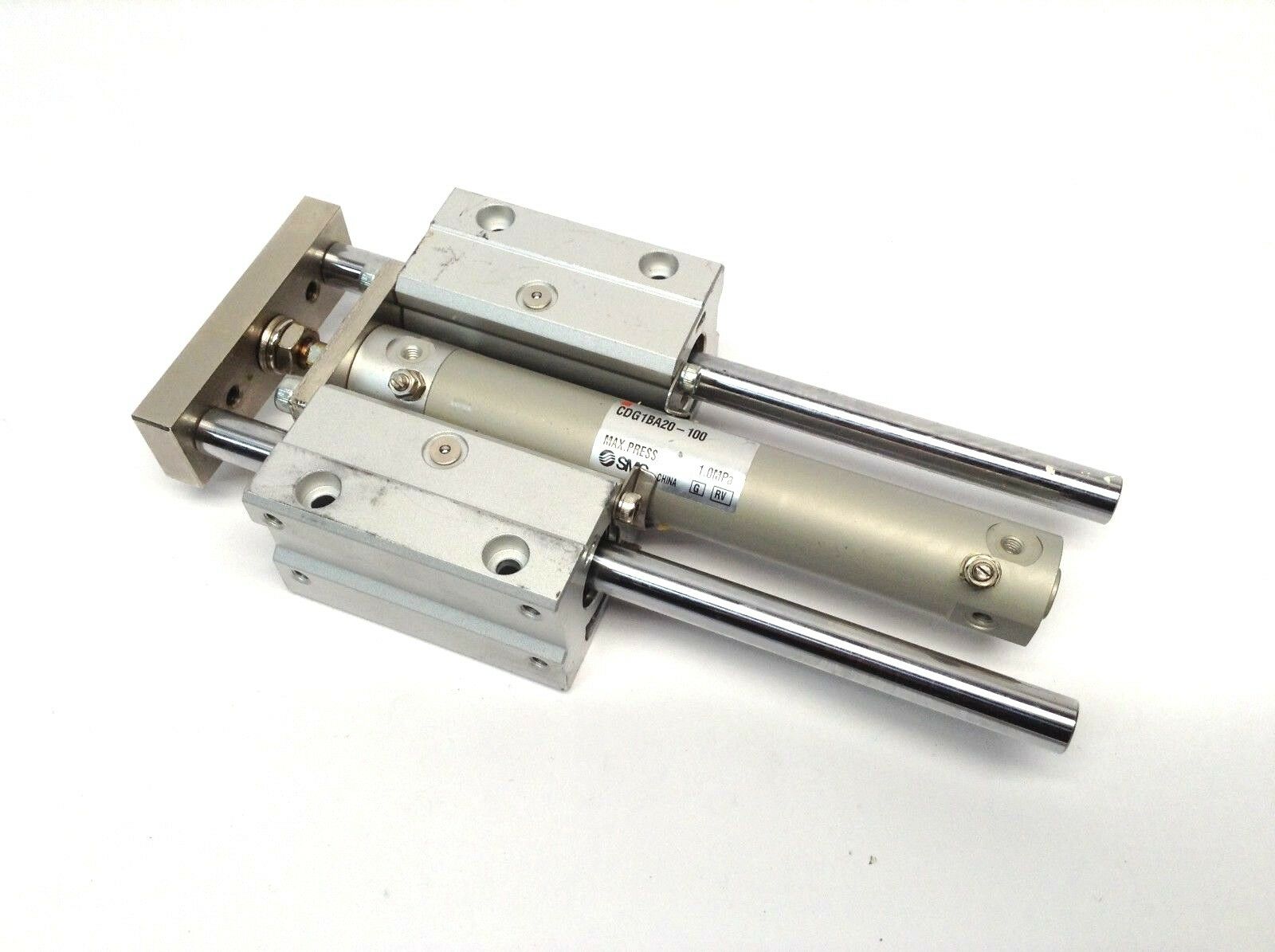 SMC CDG1BA20-100 Pneumatic Cylinder w/ Dual Linear Slide Guide Shafts - Maverick Industrial Sales