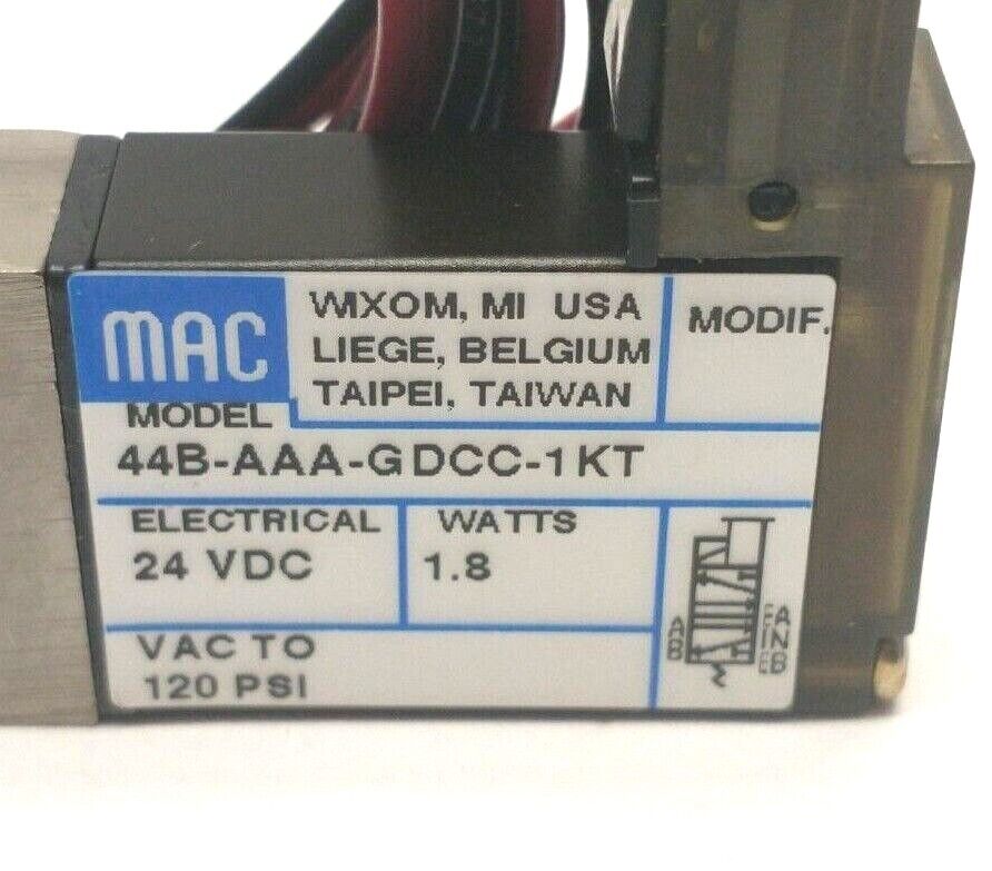 MAC Valves 44B-AAA-GDCC-1KT Solenoid Operated 4-Way Poppet Valve 24V 10-32 Ports - Maverick Industrial Sales