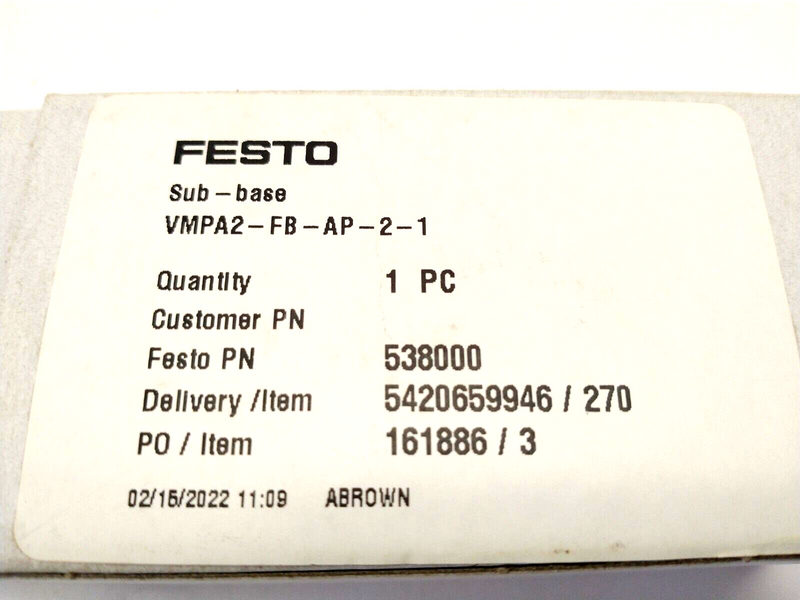 Festo VMPA2-FB-AP-2-1 Valve Manifold Sub-Base G1/8 538000 - Maverick Industrial Sales