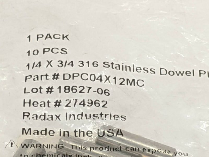 Radax Industries DPC04X12MC Stainless Dowel Pin 1/4" x 3/4" PKG OF 10 - Maverick Industrial Sales