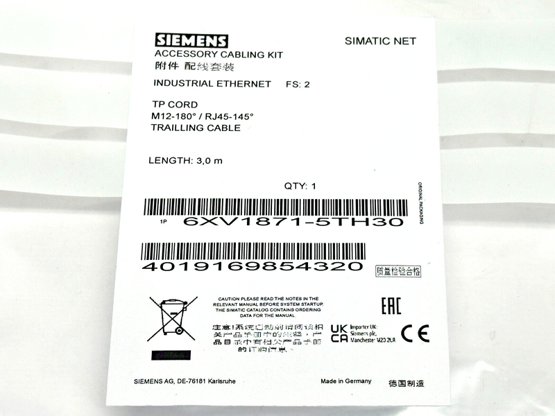 Siemens 6XV1871-5TH30 Industrial Ethernet Trailing Cable 3m - Maverick Industrial Sales