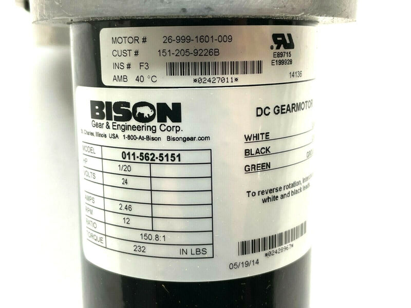 Bison 011-562-5151 Parallel Brushed DC Gearmotor 1/20hp 2.46A 12RPM - Maverick Industrial Sales