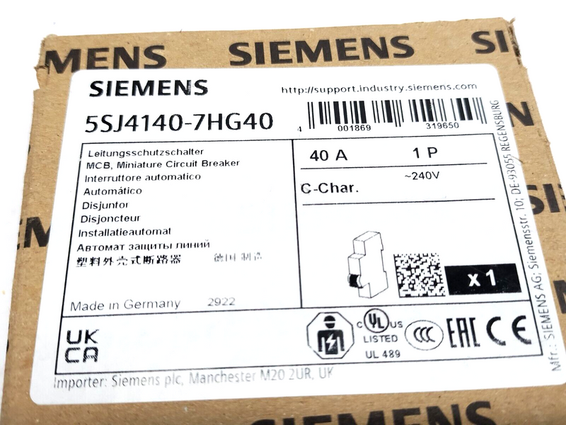 Siemens 5SJ4140-7HG40 Miniature Circuit Breaker 40A 1-Pole 240V - Maverick Industrial Sales