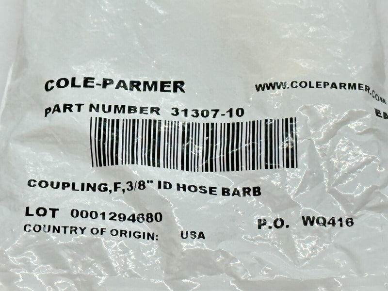 Cole-Parmer 31307-10 Quick Disconnect Fitting Polysulfone Valved Hose Barbs 3/8" - Maverick Industrial Sales