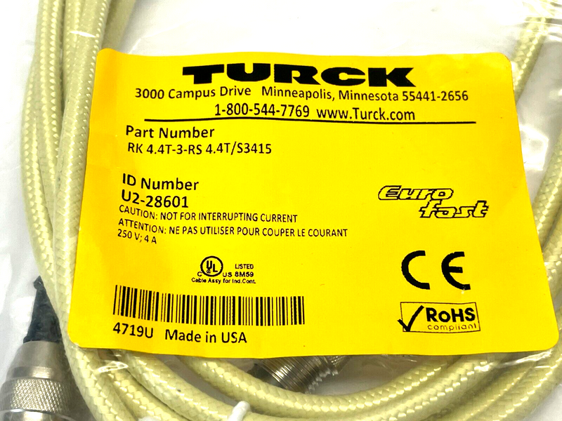 Turck RK 4.4T-3-RS 4.4T/S3415 Cordset 3m Length U2-28601 - Maverick Industrial Sales