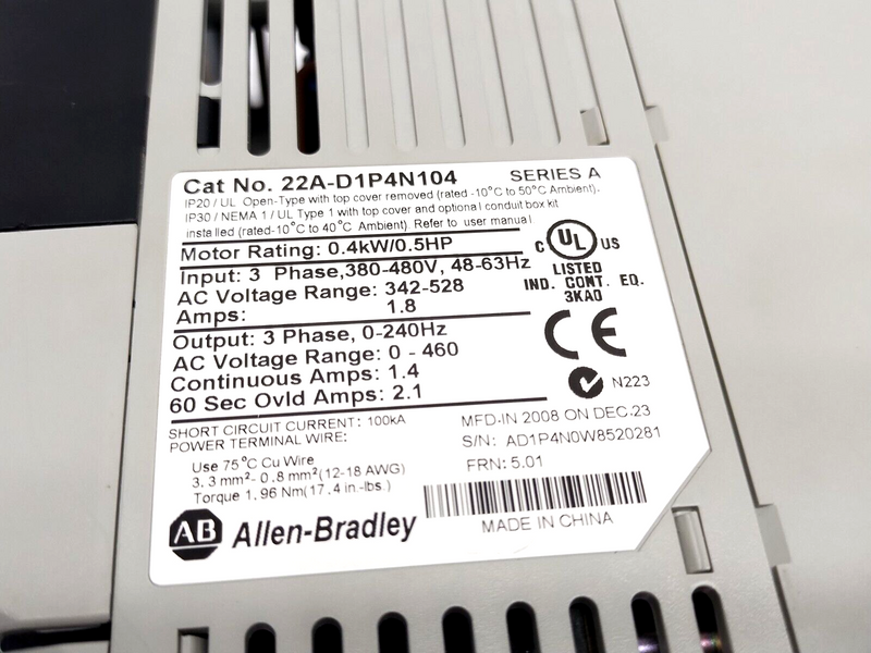 Allen Bradley 22A-D1P4N104 Ser. A PowerFlex 4 AC Drive 0.4kW/0.5HP 3PH 480VAC - Maverick Industrial Sales