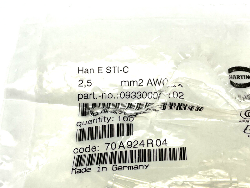 Harting 09 33 000 6102 Han E M Crimp Contact Ag 2.5 mm²/ 14 AWG LOT OF 57 - Maverick Industrial Sales