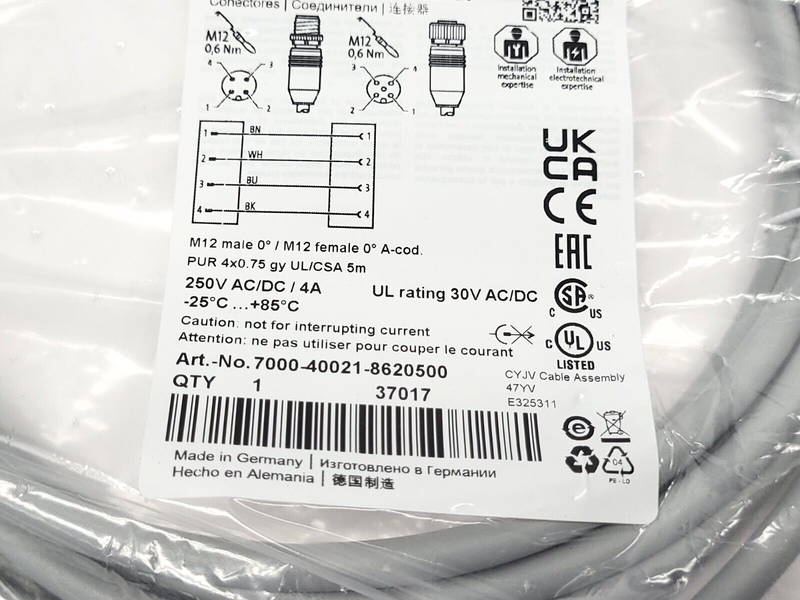 Murr Elektronik 7000-40021-8620500 Cordset M12 Male to Female Straight 5m - Maverick Industrial Sales