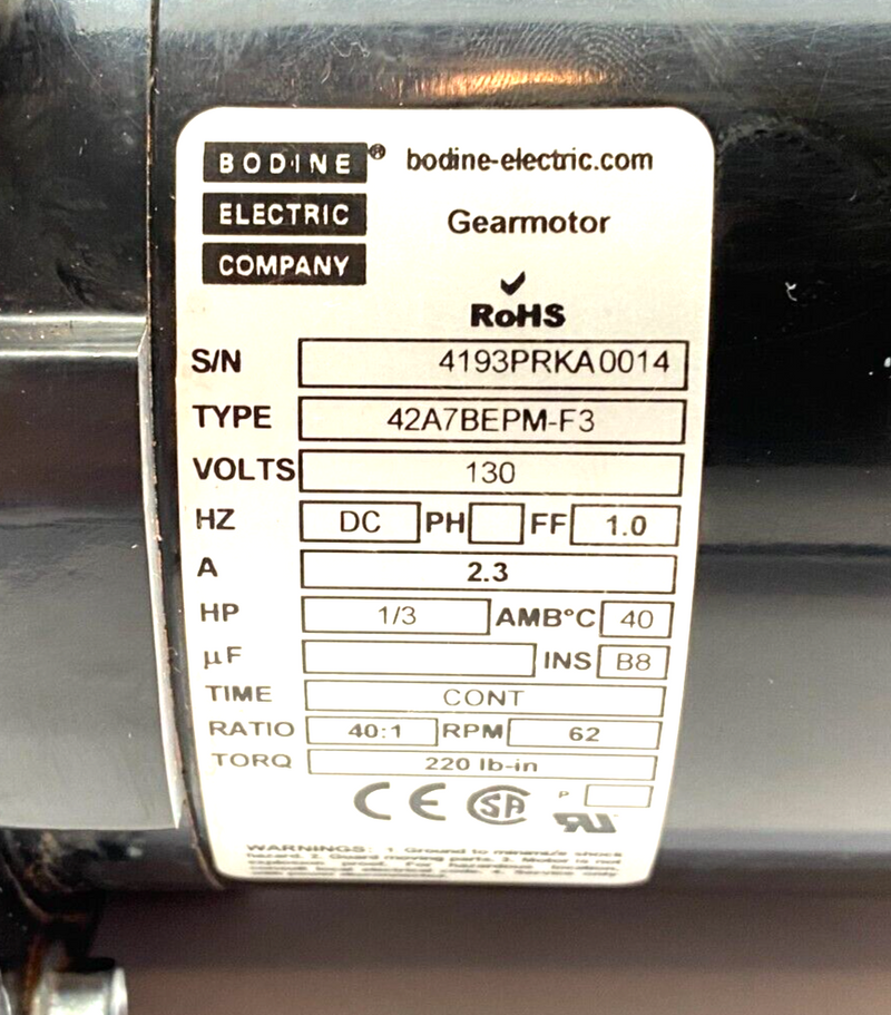 Bodine Electric 42A7BEPM-F3 Gearmotor 62RPM 130VDC 1/3HP 40:1 - Maverick Industrial Sales