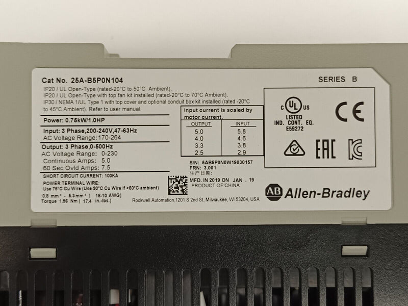 Allen Bradley 25A-B5P0N104 Ser B PowerFlex 523 AC Drive 200-240V 0.75kW/1HP 5.0A - Maverick Industrial Sales