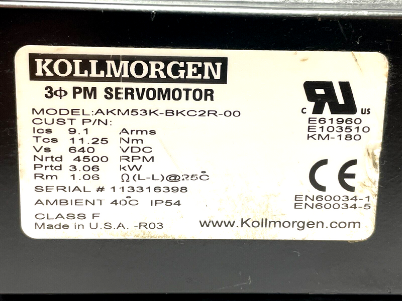 Kollmorgen AKM53K-BKC2R-00 Servo Motor 4500RPM 640VDC 3.06kW w/ Gear - Maverick Industrial Sales