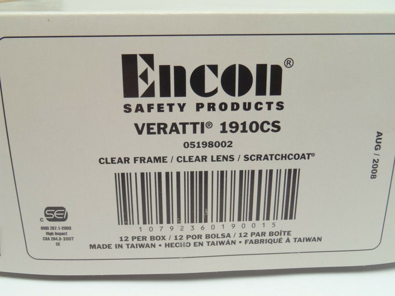 Lot of 12 Encon Veratti 1910CS Safety Glasses Clear Lens Clear Frame - Maverick Industrial Sales