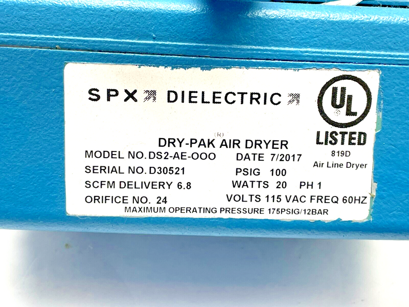 SPX DIELECTRIC DS2-AE-OOO Dry-Pak Air Dryer 100PSIG - Maverick Industrial Sales