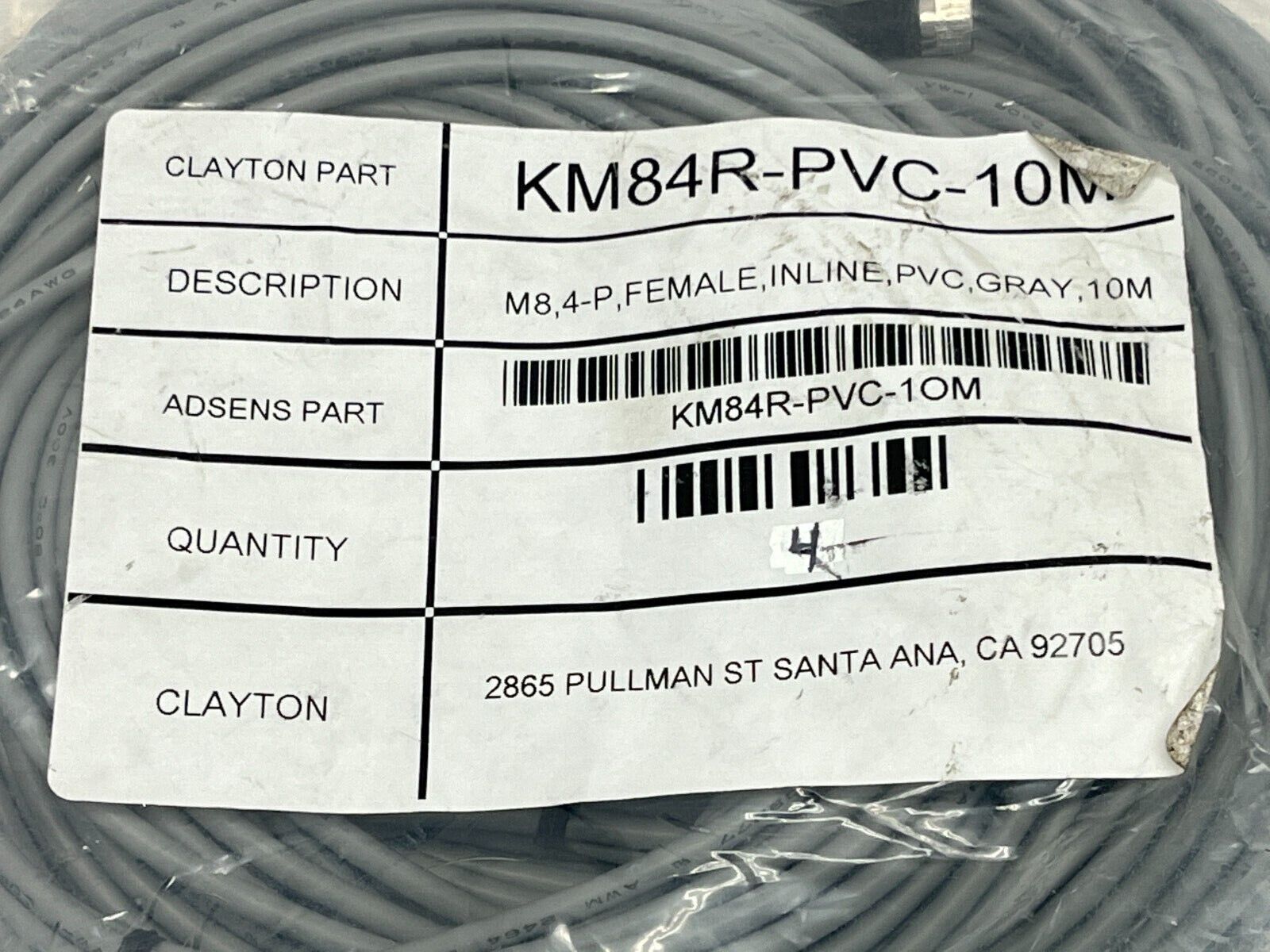 Adsens KM84R-PVC-10M Cable 4-Pin M8 Female Inline Grey 10M LOT OF 4 - Maverick Industrial Sales