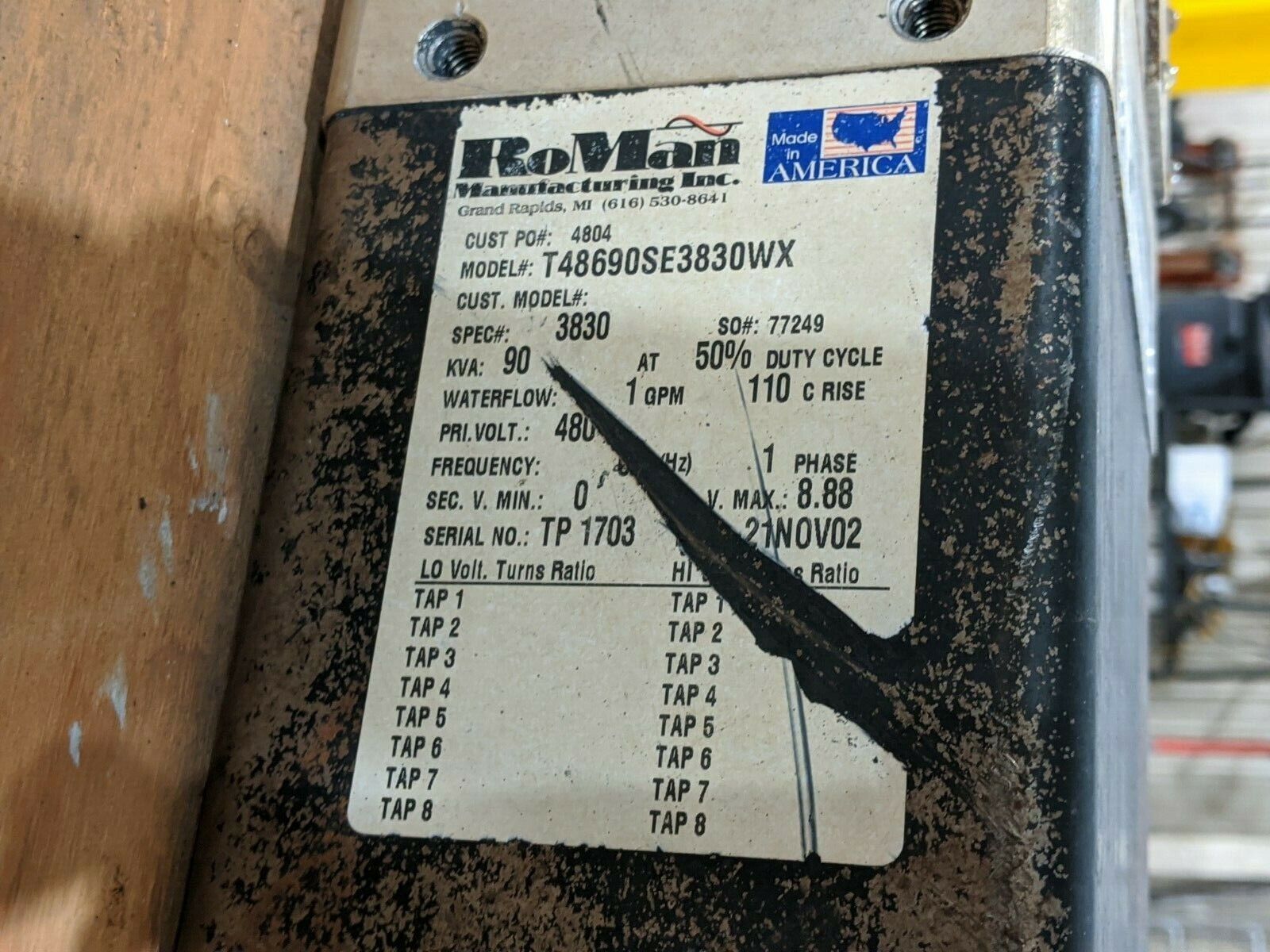 Roman T48690SE3830WX Welding Transformer 90kVA 480V 1GPM - Maverick Industrial Sales