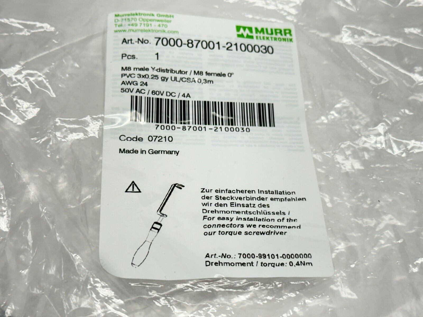 Murr Elektronik 7000-87001-2100030 Y-Distributor M8 M 4-Pin - M8 F 3-Pin 0.3m - Maverick Industrial Sales