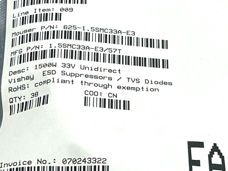 Vishay 1.5SMC33A-E3/57T ESD Suppressors / TVS Diodes 1500W 33V Unidirect 38QTY - Maverick Industrial Sales