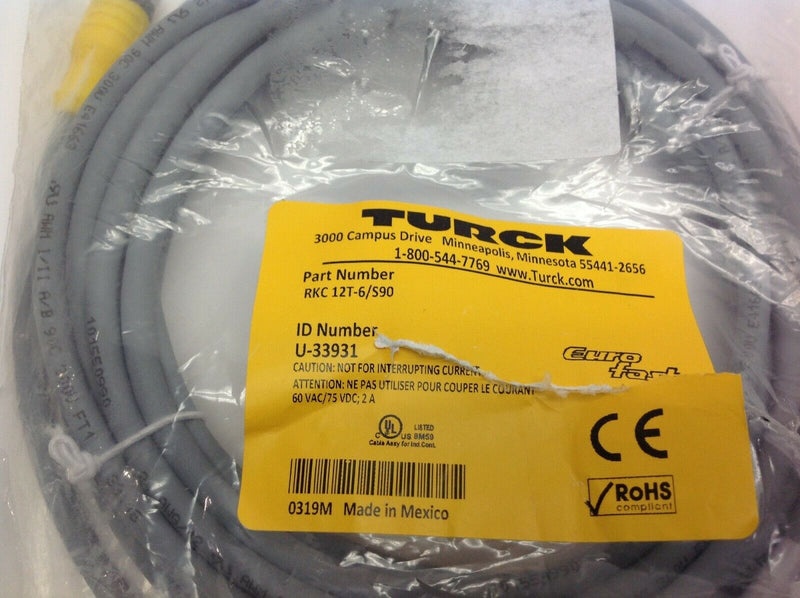 Turck RKC 12T-6/S90 Molded Cordset Eurofast U-33931 12 Pin Female To Free End - Maverick Industrial Sales