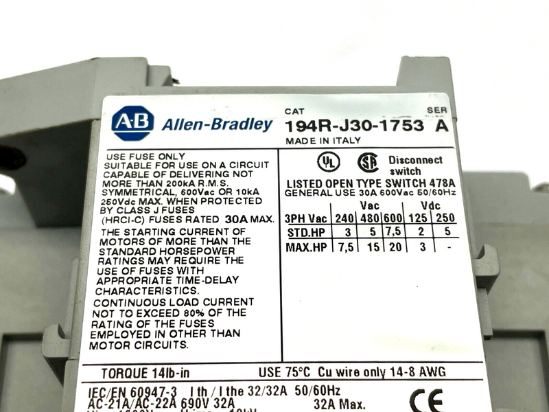 Allen Bradley 194R-J30-1753 Ser. A Disconnect Switch Fused 30A 600VAC 250VDC - Maverick Industrial Sales