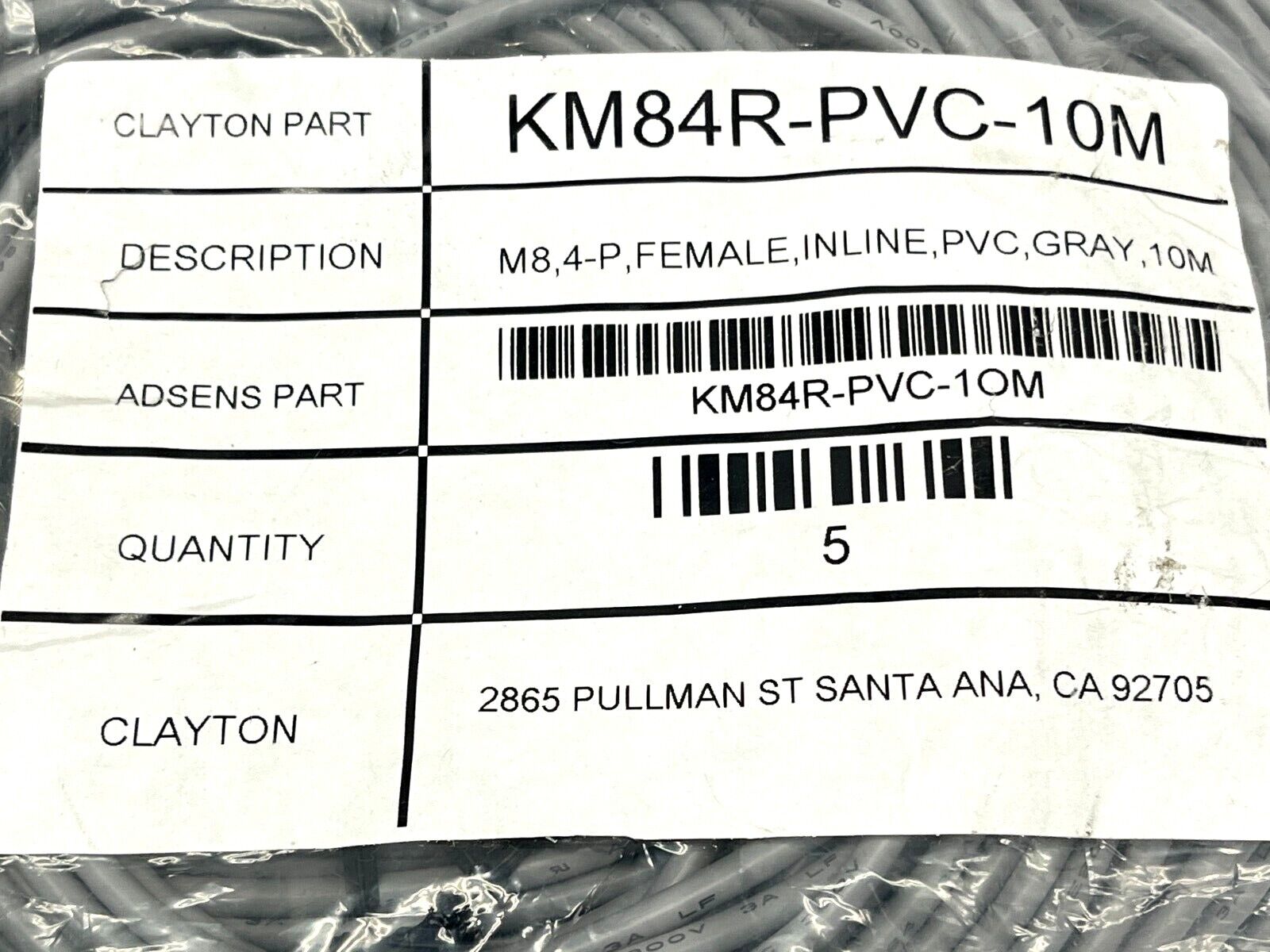 Adsens KM84R-PVC-10M Cable 4-Pin M8 Female Inline Grey 10M LOT OF 5 - Maverick Industrial Sales