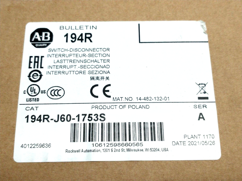 Allen Bradley 194R-J60-1753S Ser. A Rotary Disconnect Switch 60A 3P - Maverick Industrial Sales