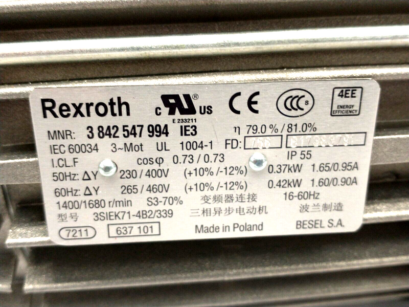Bosch Rexroth 3842547994 Asynchron 3PH Motor .42kW w/ 3842519001 Gearbox - Maverick Industrial Sales