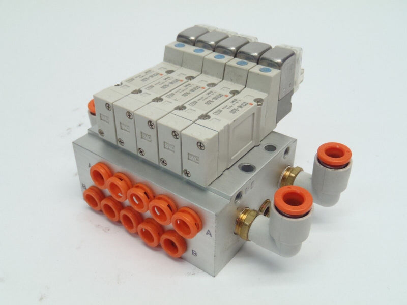 SMC SS5Y3-F2J03 Manifold w/ 5 SY3140-5LOU Solenoid Valves 1 Damaged - Maverick Industrial Sales