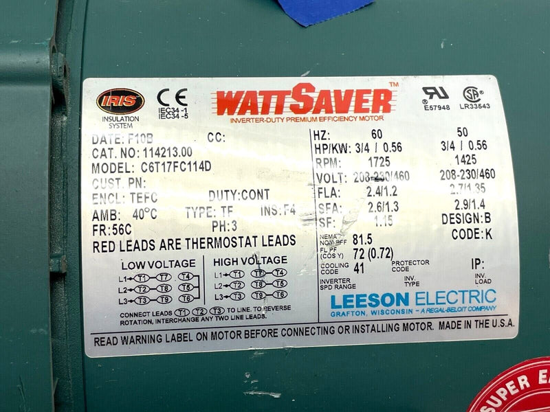 Leeson 114213.00 Electric Motor 3/4HP 1725RPM 3PH 5/8" Shaft C6T17FC114D - Maverick Industrial Sales