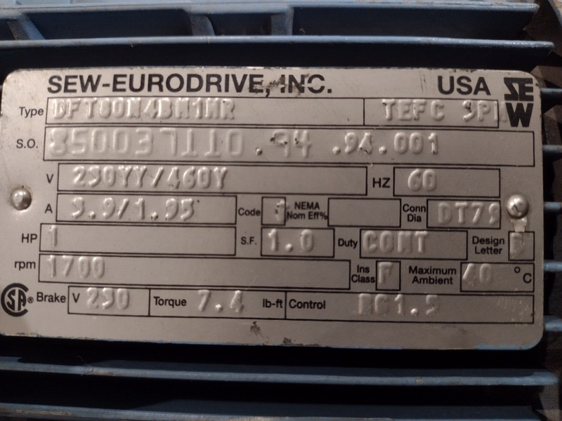 SEW Gearmotor R80DT80N4BM1HR with DFT80N4BM1HR 230/460V 90.71 1700/19 - Maverick Industrial Sales