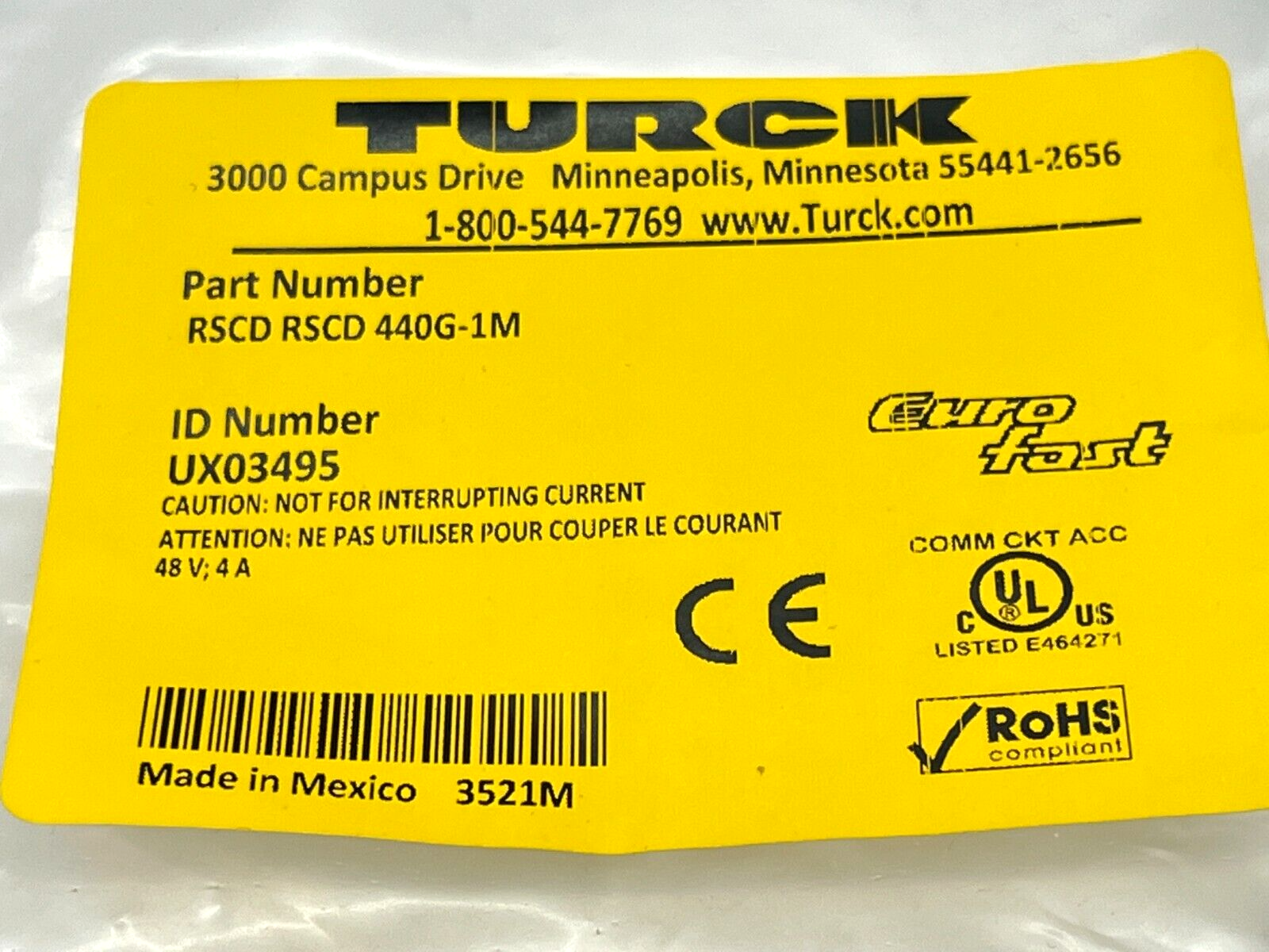 Turck RSCD RSCD 440G-1M Ethernet Cordset M12 Male UX03495 - Maverick Industrial Sales