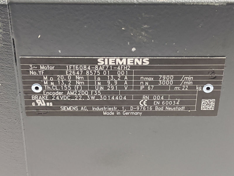 Siemens 1FT6084-8AF71-4FH2 SIMOTICS S Synchronous Servomotor AM22DQ F35 Encoder - Maverick Industrial Sales