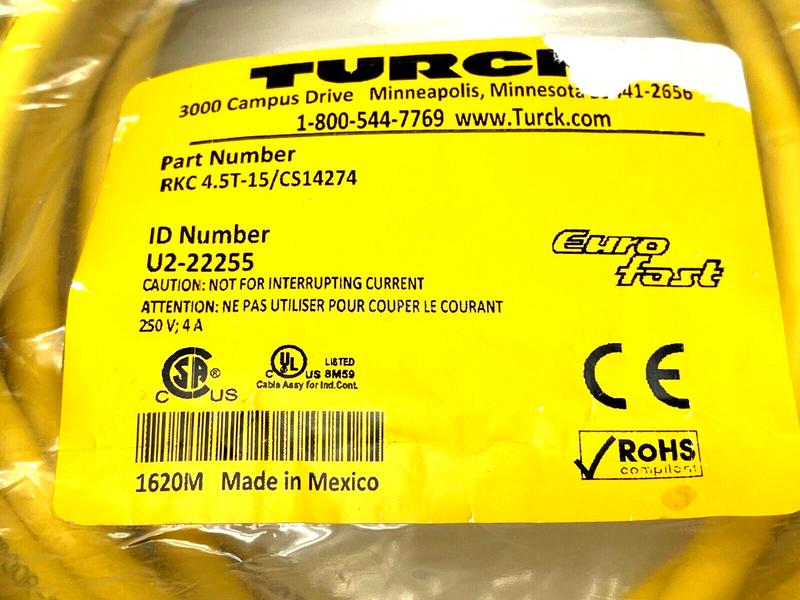 Turck RKC 4.5T-15/CS14274 Single-Ended Cordset 15m Length U2-22255 - Maverick Industrial Sales