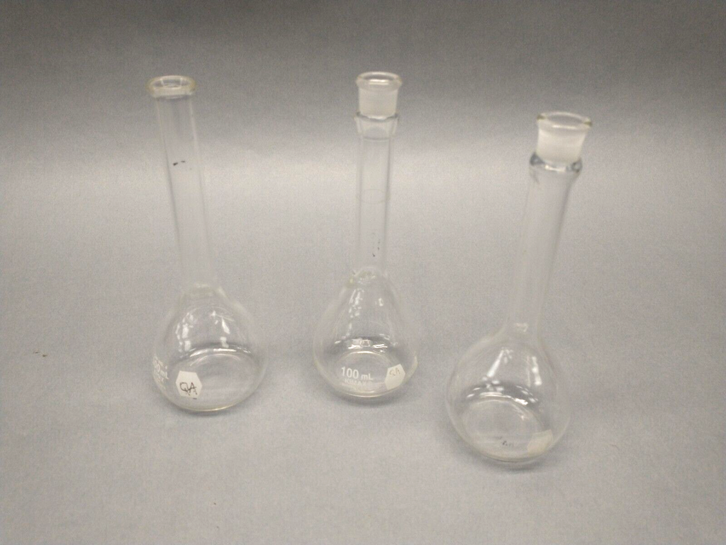 Kimble Kimax 28008-100 100mL & (2) 28014-100 100mL Volumetric Flask SE ...