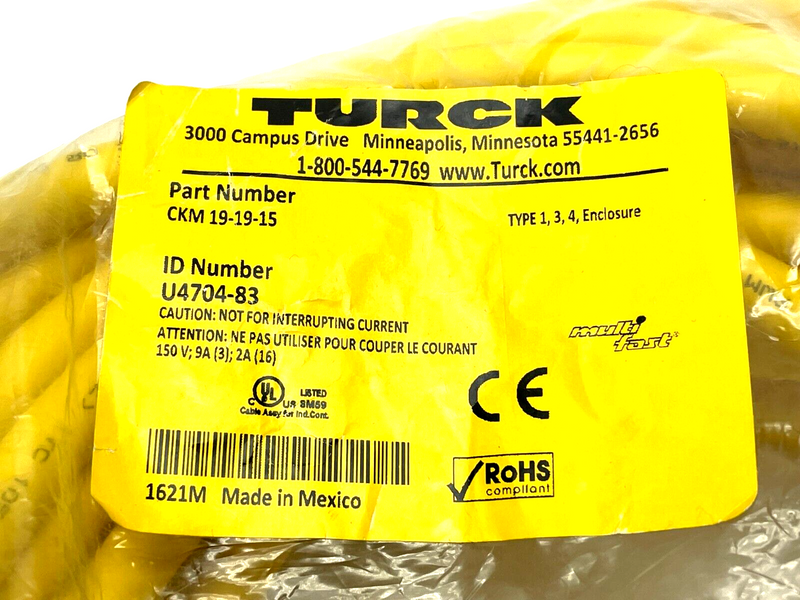 Turck CKM 19-19-15 Single Ended Cordset 15m Length U4704-83 - Maverick Industrial Sales