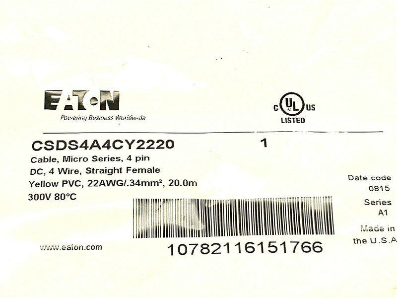 Eaton CSDS4A4CY2220 Global Plus Series Connector Cable Straight Female M12 20m - Maverick Industrial Sales