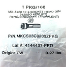 MKCS03C0209ZPKG M3-.5x20 12.9 Socket Head DIN Zinc/Bake 912/ISO 4762 BAG OF 100 - Maverick Industrial Sales