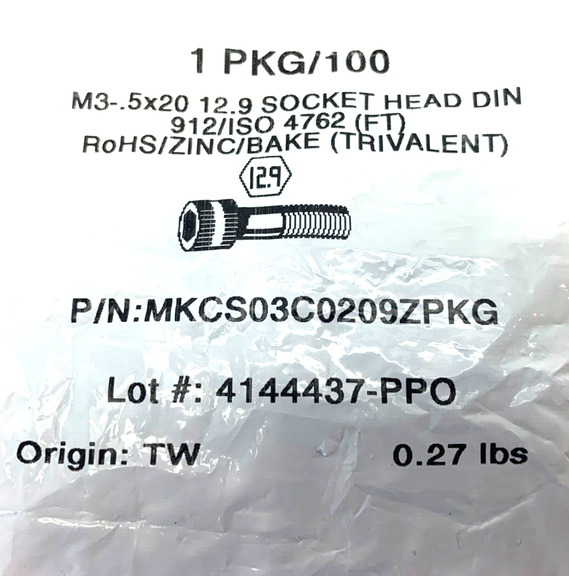 MKCS03C0209ZPKG M3-.5x20 12.9 Socket Head DIN Zinc/Bake 912/ISO 4762 BAG OF 100 - Maverick Industrial Sales