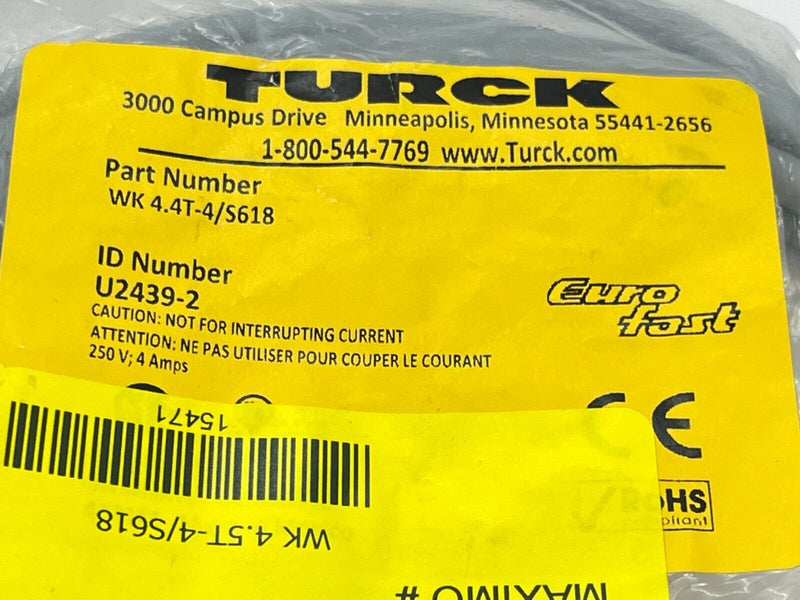 Turck WK 4.4T-4/S618 Eurofast Cordset M12 Female 4M Length U2439-2 - Maverick Industrial Sales