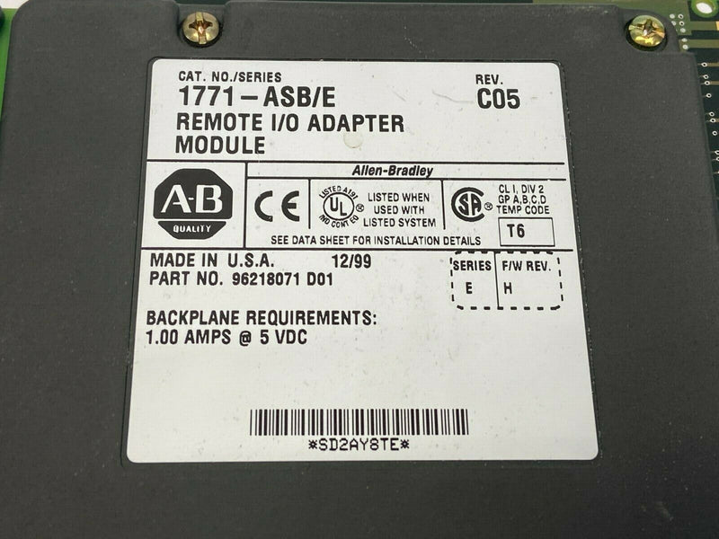 Allen Bradley 1771-ASB/E Rev C05 Remote I/O Adapter Module Firmware H 96218071 - Maverick Industrial Sales