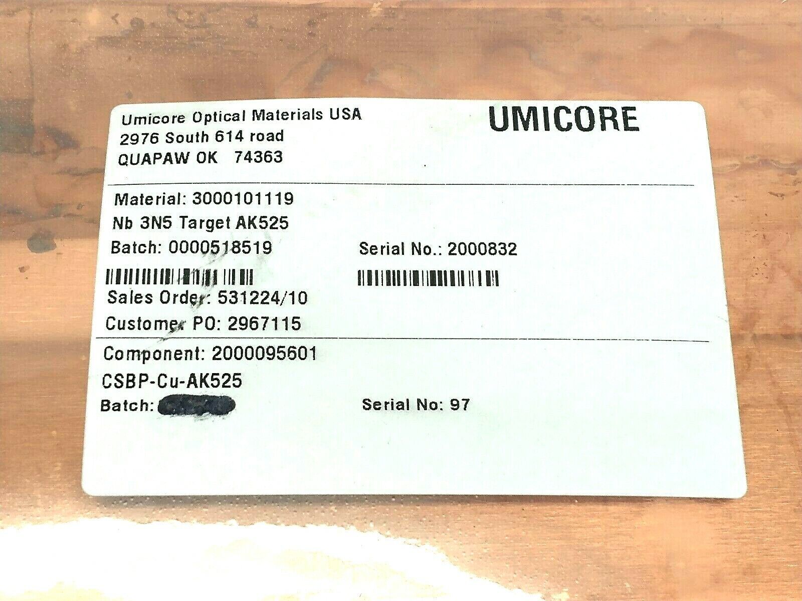 Nb 3N5,Target AK525,CSBP-Cu-AK525,3000101119, | Umicore Nb 3N5 Target AK525 Sputtering Target CSBP-Cu-AK525 Material 3000101119 - New – Open box - Maverick Industrial Sales