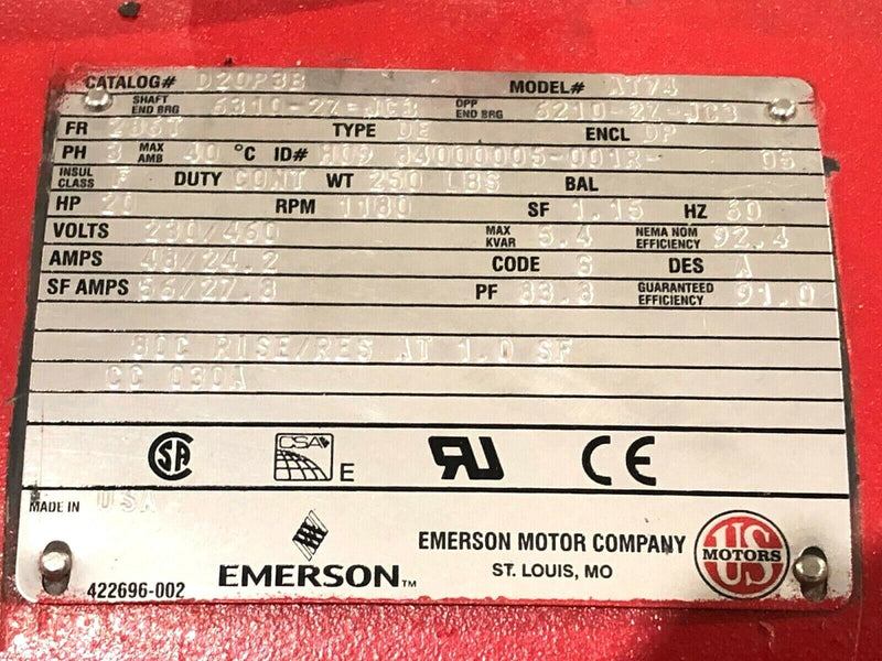 Emerson US Motors D20P3B Electric Motor 1180 RPM 20HP 1-7/8" Shaft Diameter AT74 - Maverick Industrial Sales