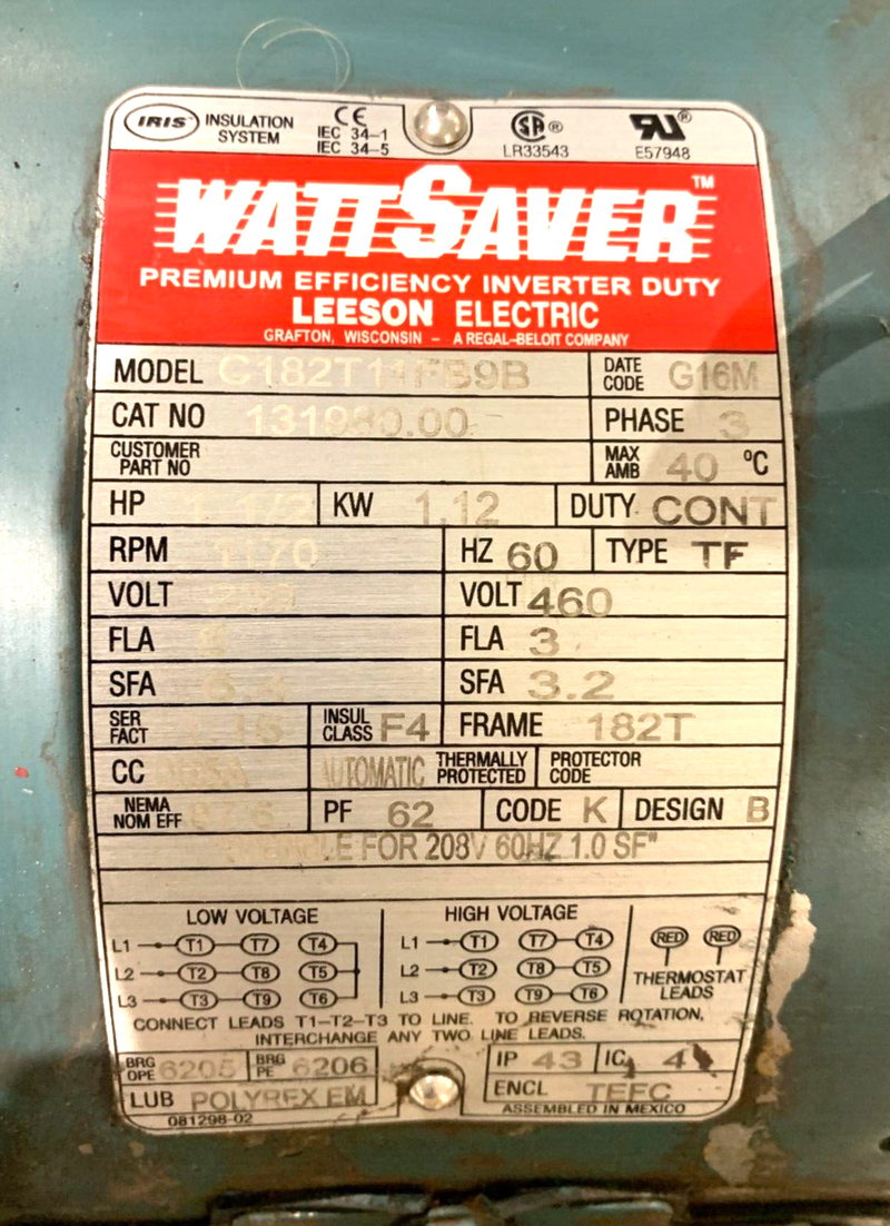 Leeson 131980.00 Watt Saver Electric Motor 1.5HP 1170RPM 3PH 60HZ 182T Code K - Maverick Industrial Sales