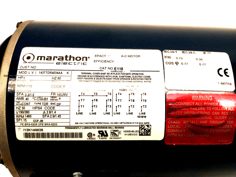 Marathon Electric MOD LVI 143TTDR4034AA K AC Motor 1HP 3PH 230/460V 1725 RPM - Maverick Industrial Sales