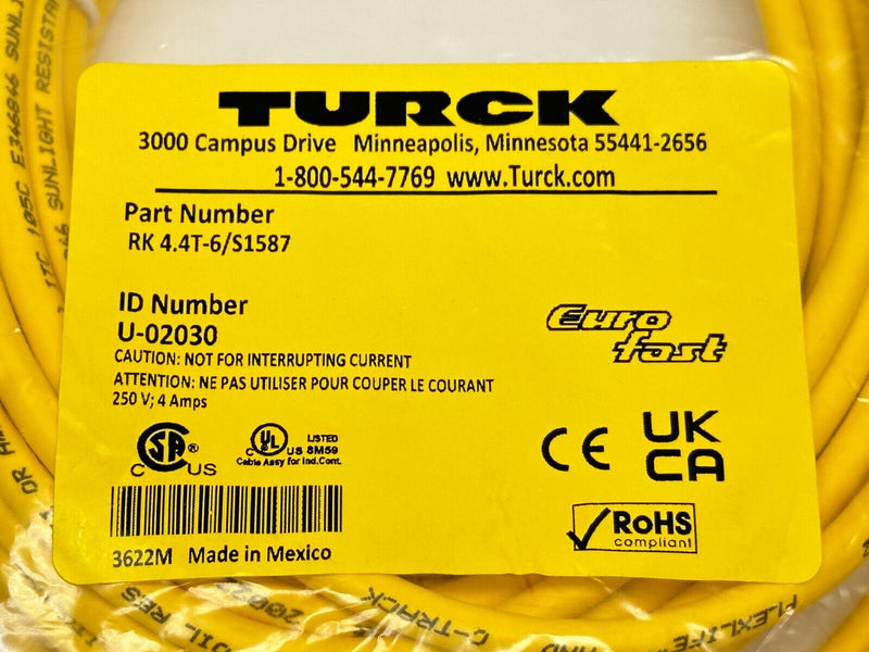 Turck RK 4.4T-6/S1587 Single-Ended Cordset Straight Female Connector U-02030 - Maverick Industrial Sales