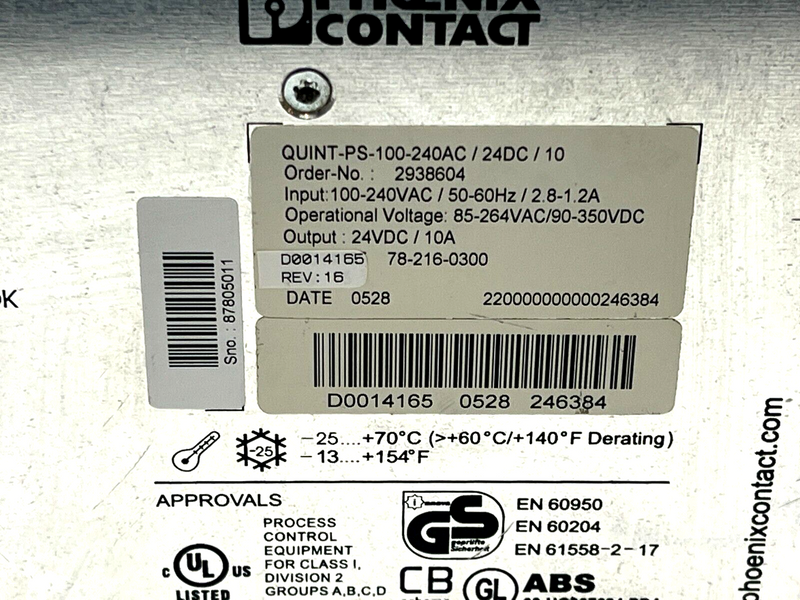 Phoenix Contact QUINT-PS-100-240AC/24DC/10 Power Supply Unit 2938604 - Maverick Industrial Sales